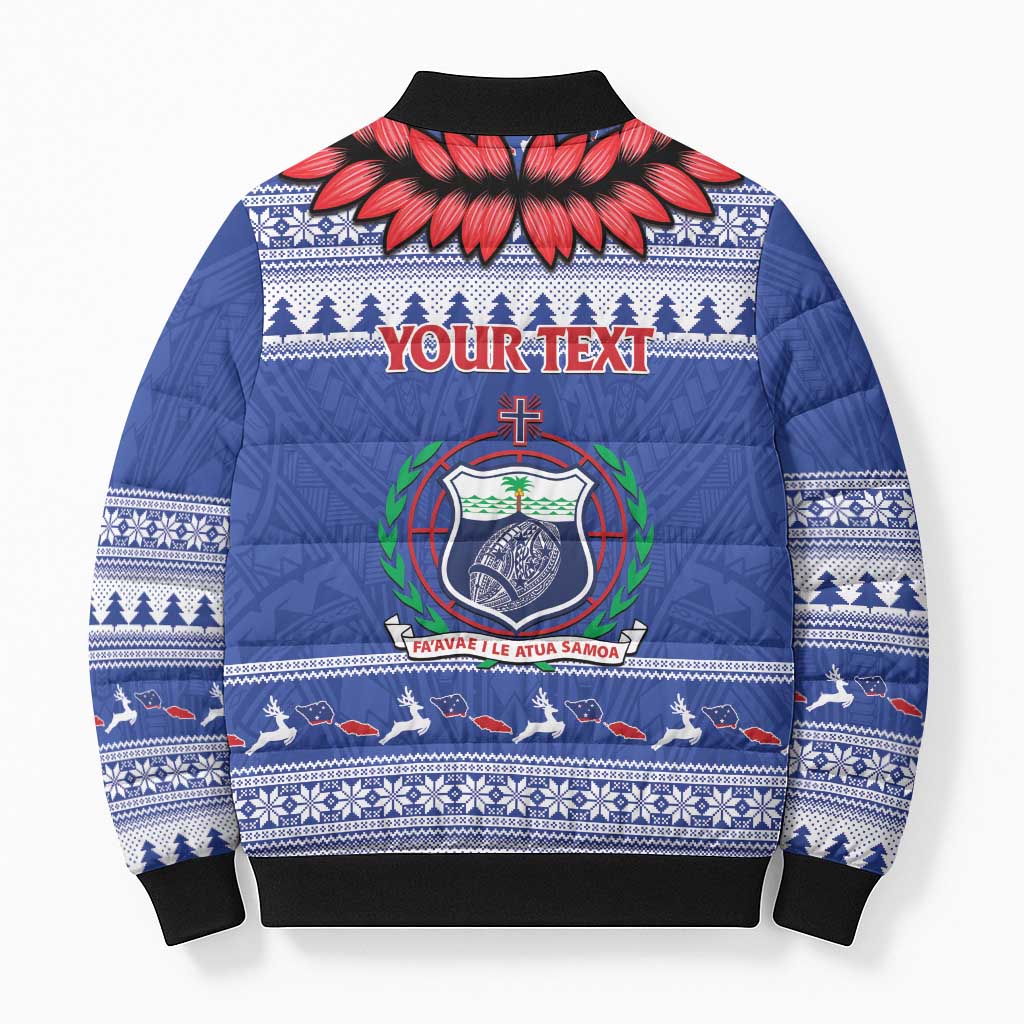Personalised Toa Samoa Rugby Christmas Bomber Puffer Jacket Ula Fala Samoan Pattern Blue LT14 - Polynesian Pride