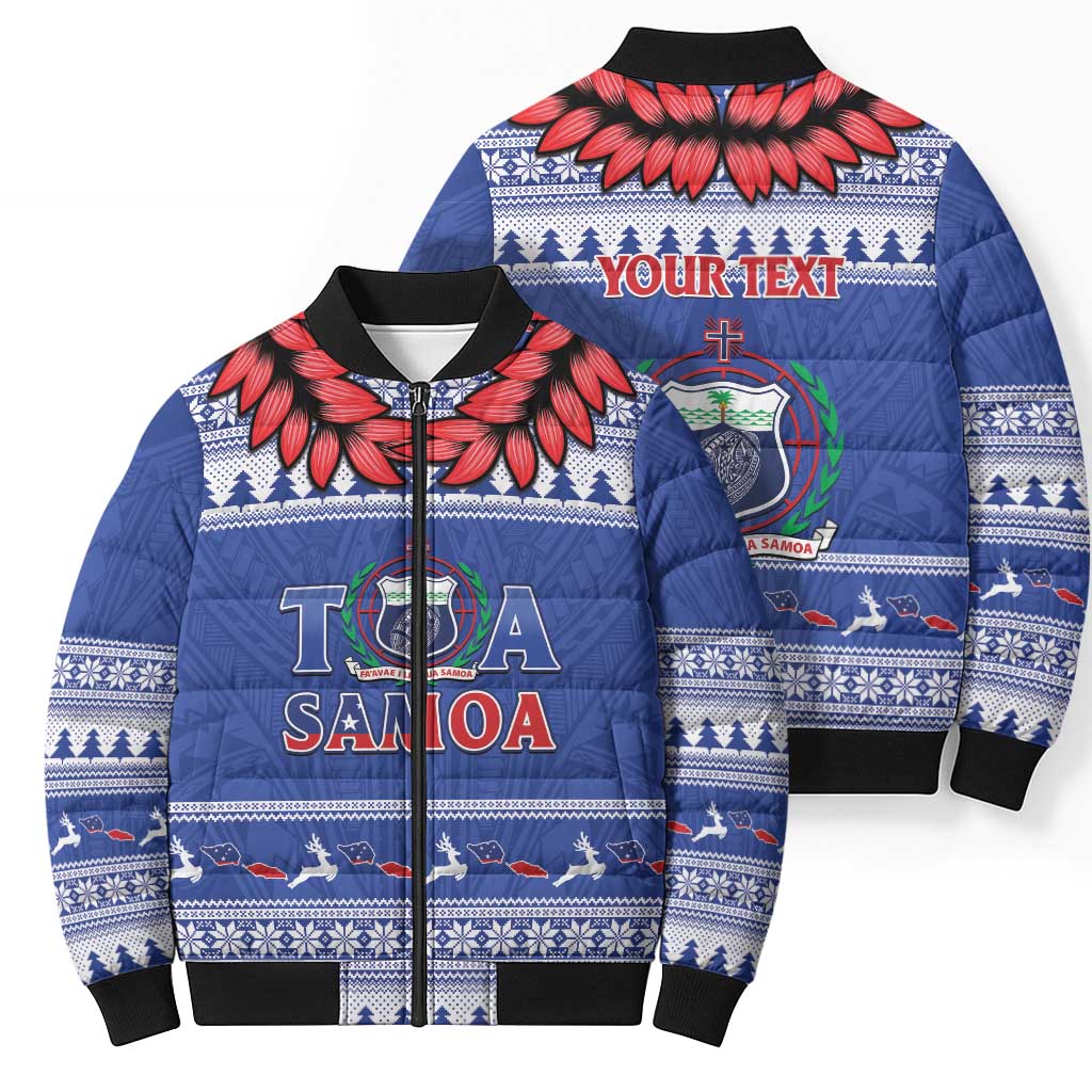 Personalised Toa Samoa Rugby Christmas Bomber Puffer Jacket Ula Fala Samoan Pattern Blue LT14 - Polynesian Pride
