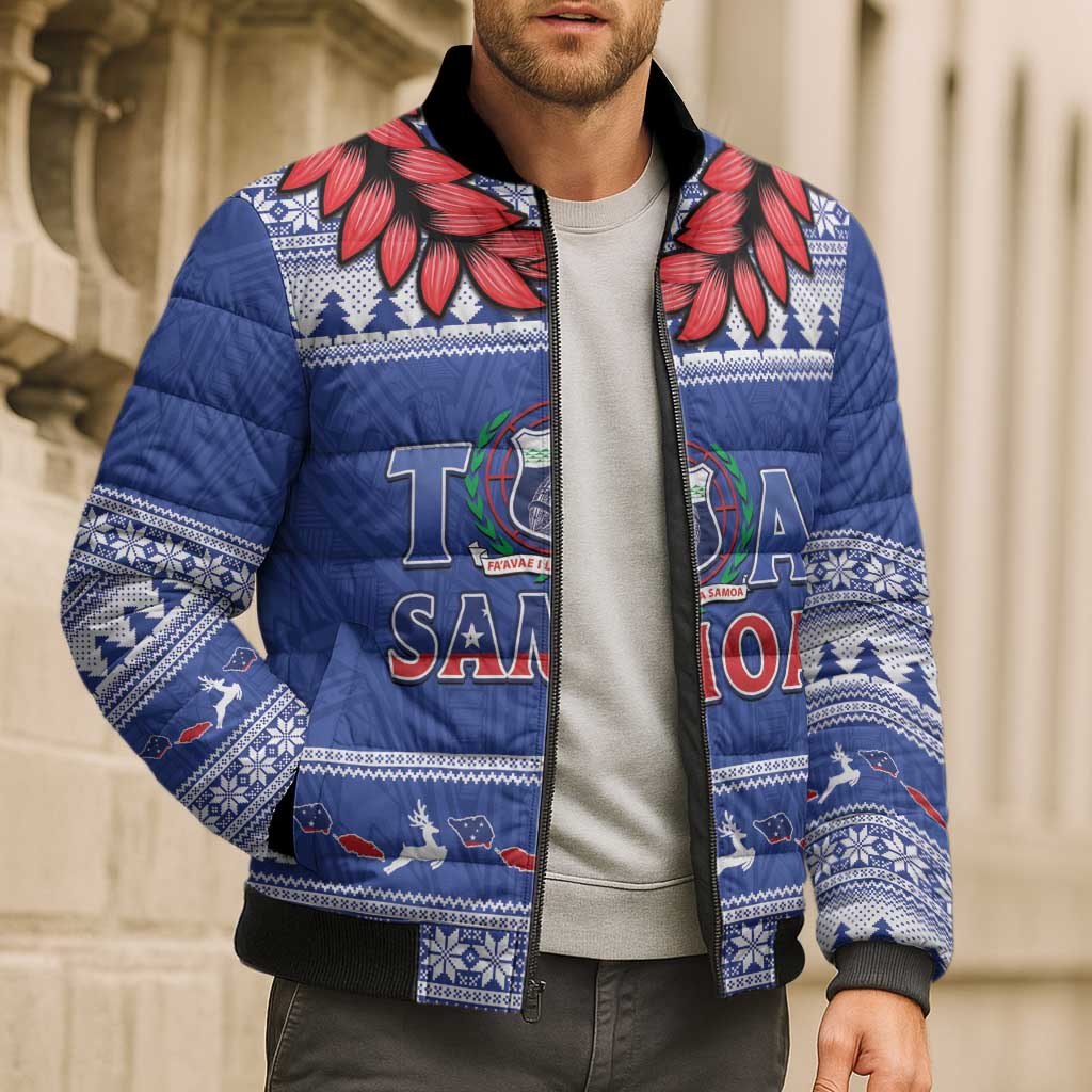Personalised Toa Samoa Rugby Christmas Bomber Puffer Jacket Ula Fala Samoan Pattern Blue LT14 - Polynesian Pride