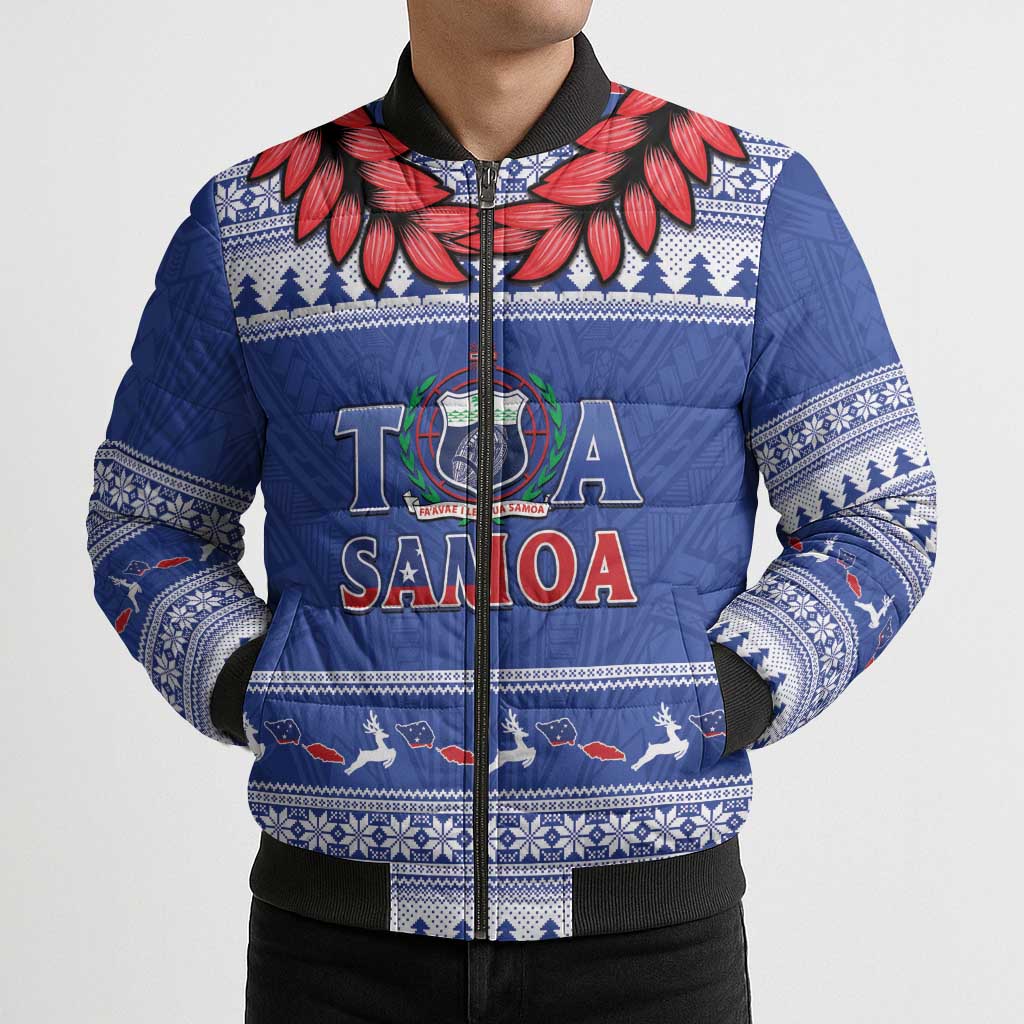 Personalised Toa Samoa Rugby Christmas Bomber Puffer Jacket Ula Fala Samoan Pattern Blue LT14 - Polynesian Pride