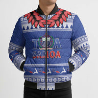 Personalised Toa Samoa Rugby Christmas Bomber Puffer Jacket Ula Fala Samoan Pattern Blue LT14 - Polynesian Pride