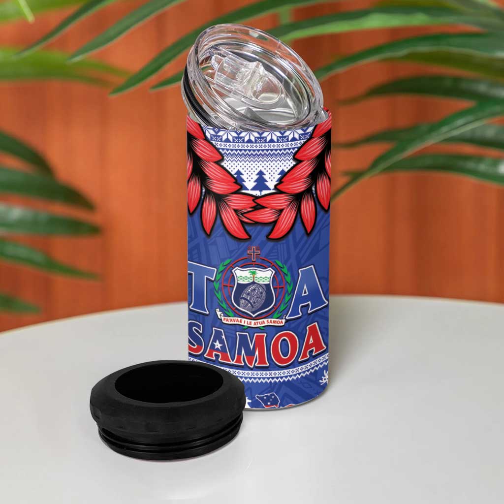 Toa Samoa Rugby Christmas 4 in 1 Can Cooler Tumbler Ula Fala Samoan Pattern Blue LT14 - Polynesian Pride