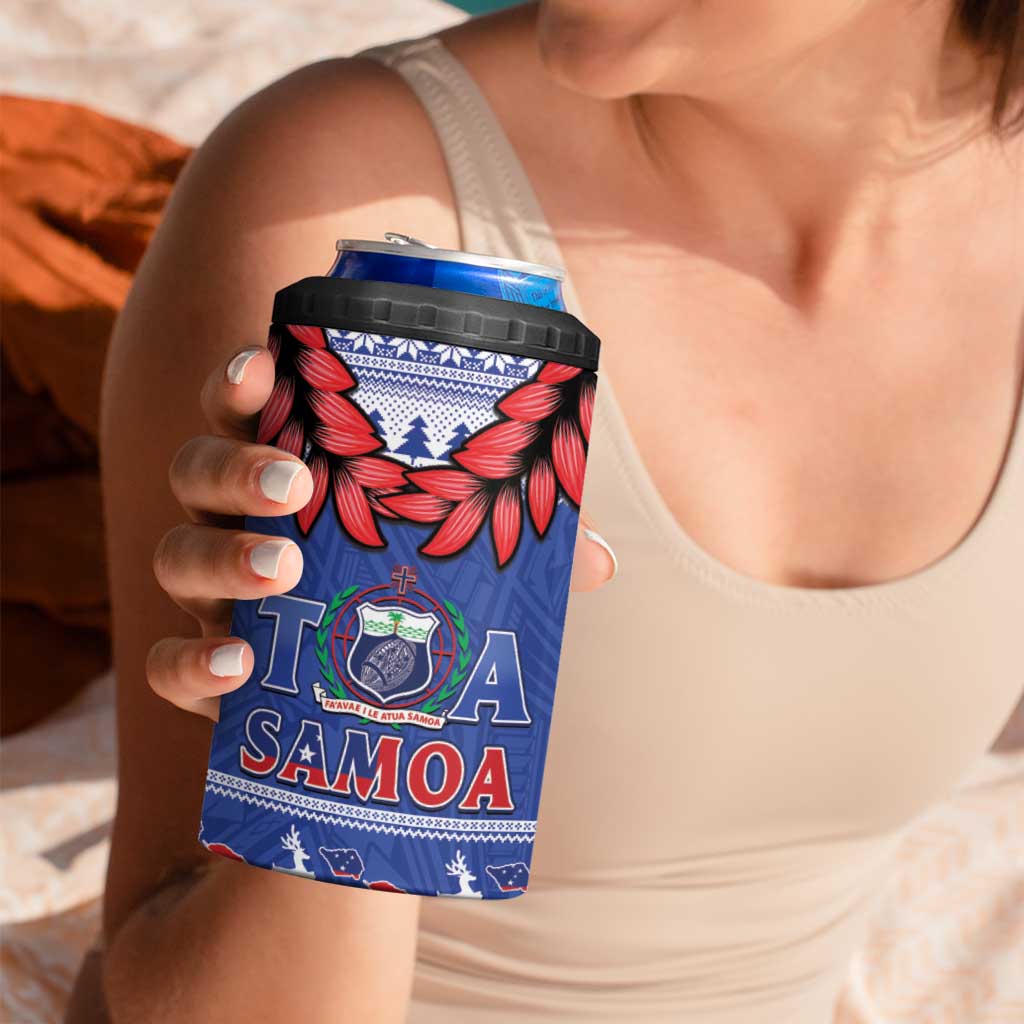 Toa Samoa Rugby Christmas 4 in 1 Can Cooler Tumbler Ula Fala Samoan Pattern Blue LT14 - Polynesian Pride