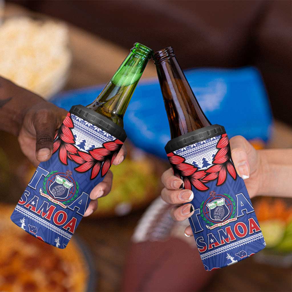 Toa Samoa Rugby Christmas 4 in 1 Can Cooler Tumbler Ula Fala Samoan Pattern Blue LT14 - Polynesian Pride