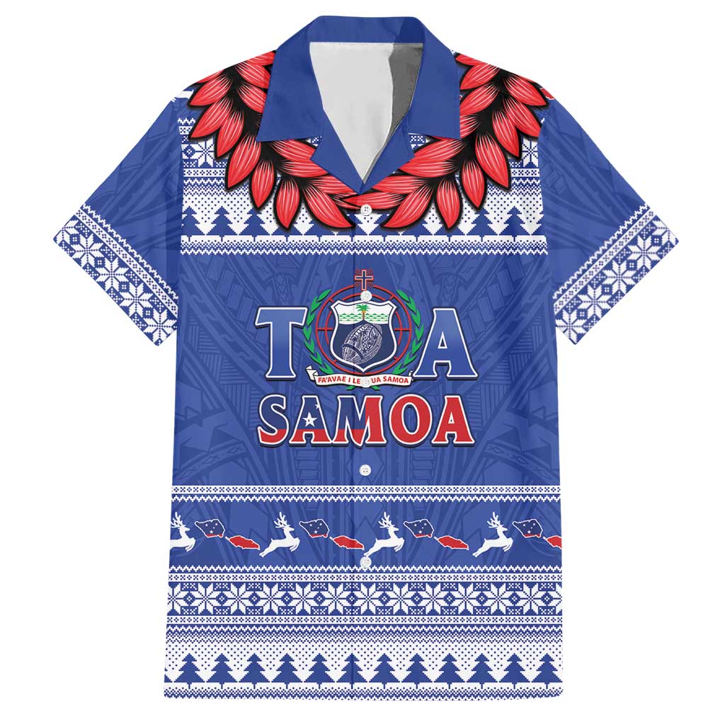 Personalised Toa Samoa Rugby Christmas Hawaiian Shirt Ula Fala Samoan Pattern Blue LT14 Blue - Polynesian Pride