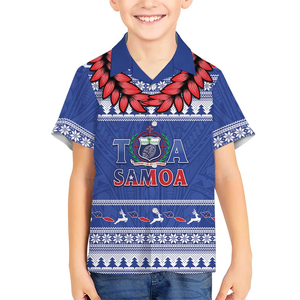 Personalised Toa Samoa Rugby Christmas Kid Hawaiian Shirt Ula Fala Samoan Pattern Blue LT14 Kid Blue - Polynesian Pride