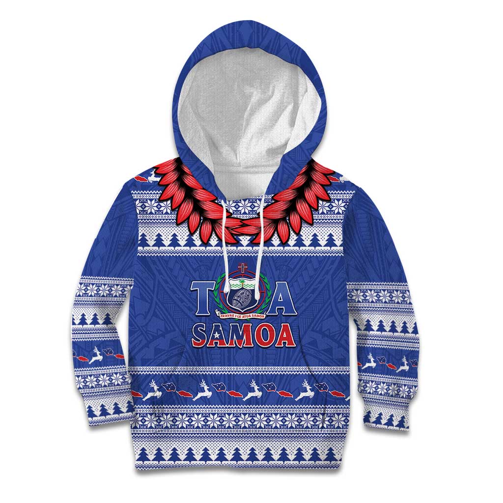 Personalised Toa Samoa Rugby Christmas Kid Hoodie Ula Fala Samoan Pattern Blue LT14 Hoodie Blue - Polynesian Pride