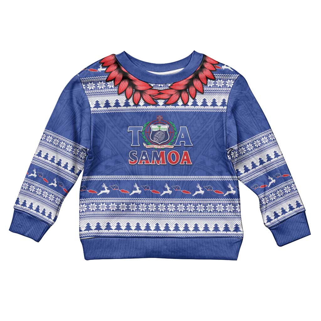 Personalised Toa Samoa Rugby Christmas Kid Ugly Christmas Sweater Ula Fala Samoan Pattern Blue LT14 Kid Blue - Polynesian Pride