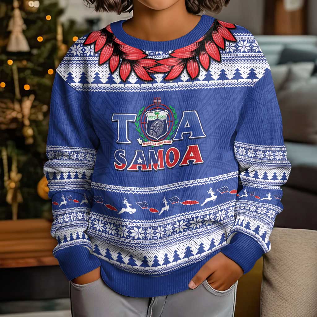 Personalised Toa Samoa Rugby Christmas Kid Ugly Christmas Sweater Ula Fala Samoan Pattern Blue LT14 - Polynesian Pride