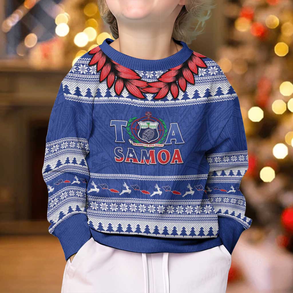 Personalised Toa Samoa Rugby Christmas Kid Ugly Christmas Sweater Ula Fala Samoan Pattern Blue LT14 - Polynesian Pride