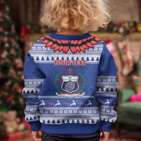 Personalised Toa Samoa Rugby Christmas Kid Ugly Christmas Sweater Ula Fala Samoan Pattern Blue LT14 - Polynesian Pride