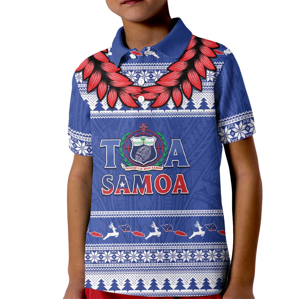 Personalised Toa Samoa Rugby Christmas Kid Polo Shirt Ula Fala Samoan Pattern Blue LT14 Kid Blue - Polynesian Pride