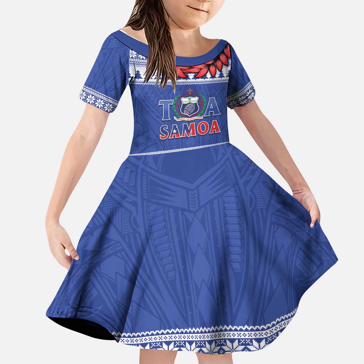 Personalised Toa Samoa Rugby Christmas Kid Short Sleeve Dress Ula Fala Samoan Pattern Blue LT14 KID Blue - Polynesian Pride
