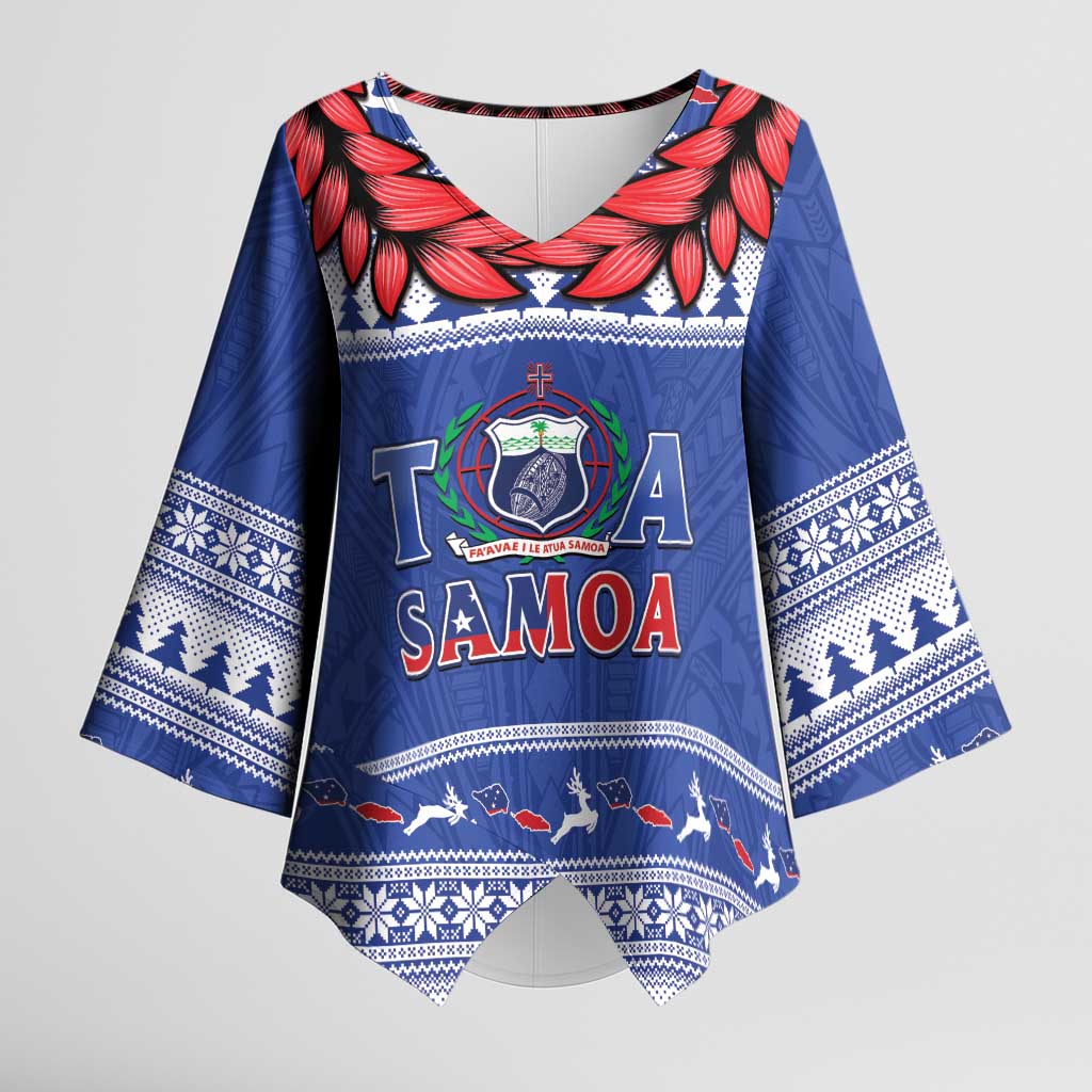 Personalised Toa Samoa Rugby Christmas Kimono Sleeve Blouse Ula Fala Samoan Pattern Blue LT14 Female Blue - Polynesian Pride