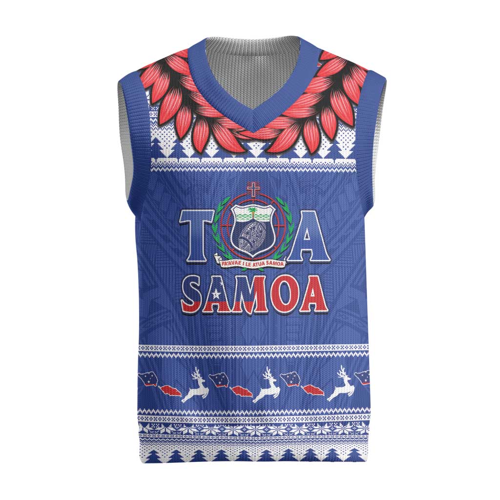 Personalised Toa Samoa Rugby Christmas Knitted V-Neck Vest Ula Fala Samoan Pattern Blue LT14 Blue - Polynesian Pride