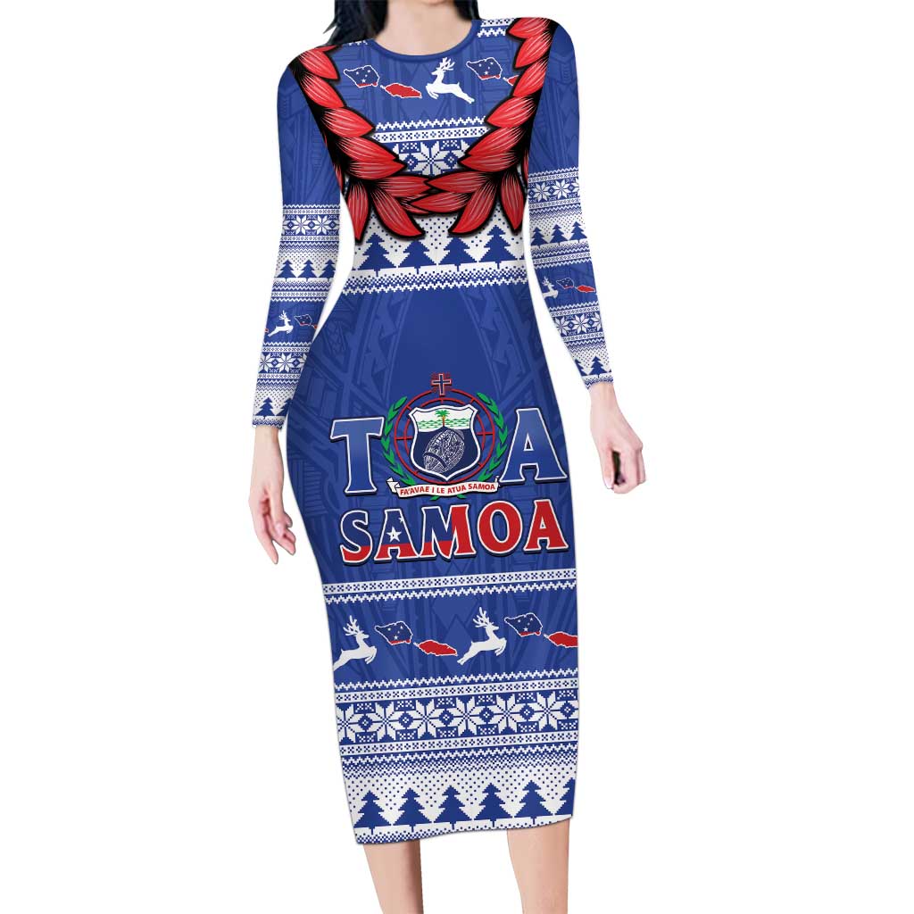 Personalised Toa Samoa Rugby Christmas Long Sleeve Bodycon Dress Ula Fala Samoan Pattern Blue LT14 Long Dress Blue - Polynesian Pride