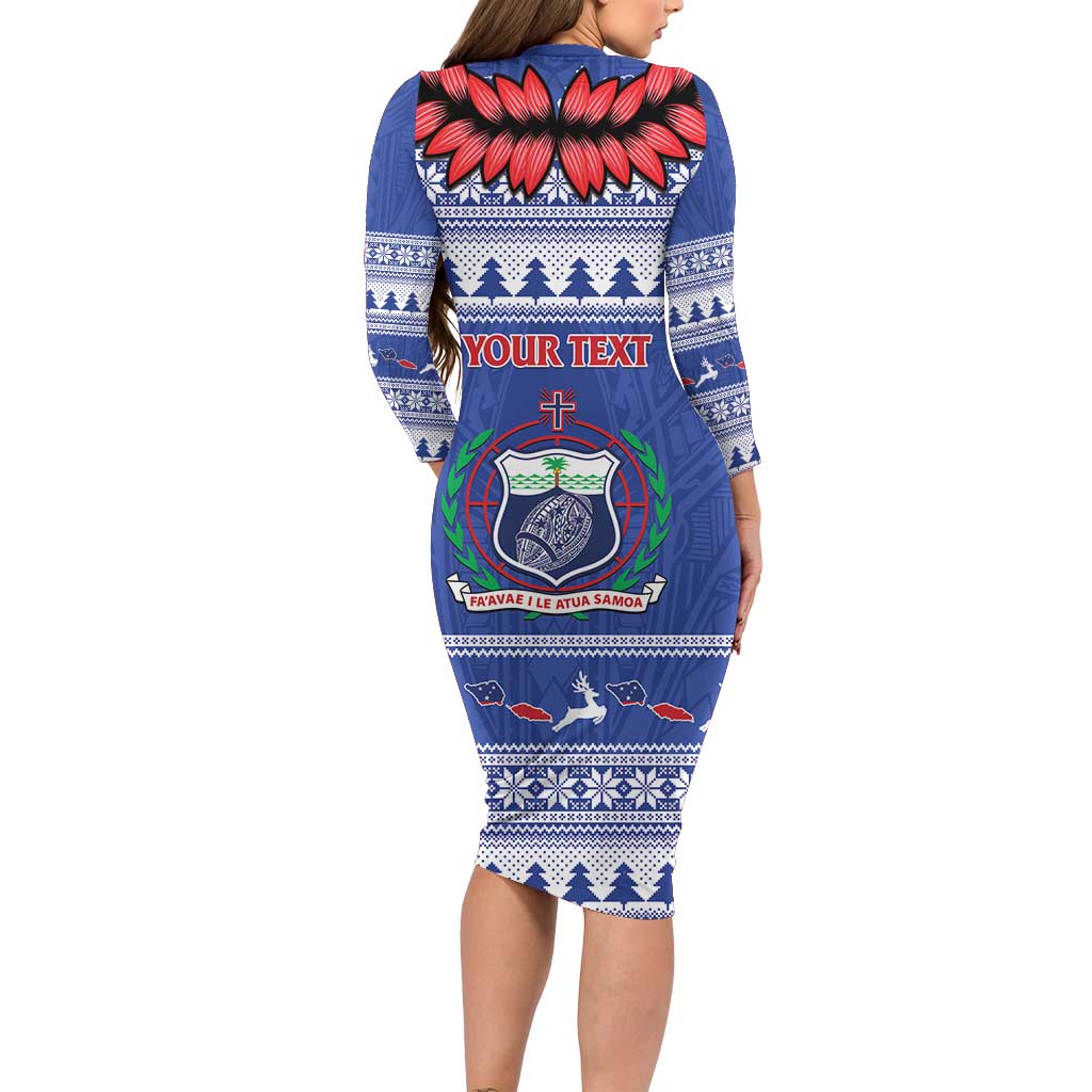 Personalised Toa Samoa Rugby Christmas Long Sleeve Bodycon Dress Ula Fala Samoan Pattern Blue LT14 - Polynesian Pride