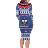 Personalised Toa Samoa Rugby Christmas Long Sleeve Bodycon Dress Ula Fala Samoan Pattern Blue LT14 - Polynesian Pride