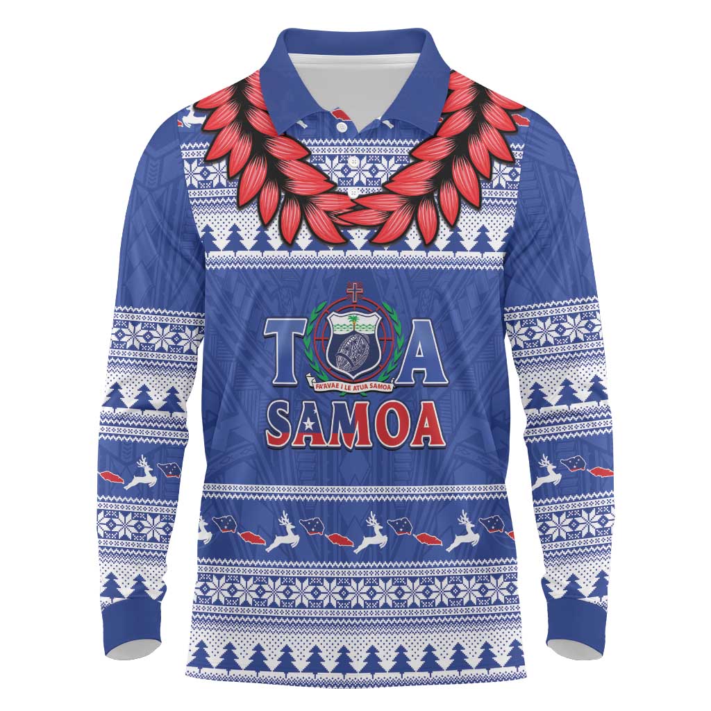 Personalised Toa Samoa Rugby Christmas Long Sleeve Polo Shirt Ula Fala Samoan Pattern Blue LT14 Blue - Polynesian Pride