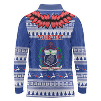 Personalised Toa Samoa Rugby Christmas Long Sleeve Polo Shirt Ula Fala Samoan Pattern Blue LT14 - Polynesian Pride