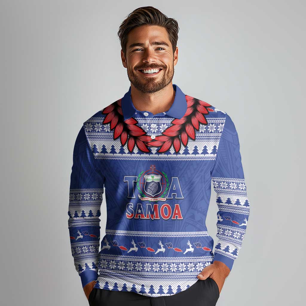 Personalised Toa Samoa Rugby Christmas Long Sleeve Polo Shirt Ula Fala Samoan Pattern Blue LT14 - Polynesian Pride