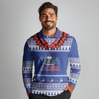 Personalised Toa Samoa Rugby Christmas Long Sleeve Polo Shirt Ula Fala Samoan Pattern Blue LT14 - Polynesian Pride