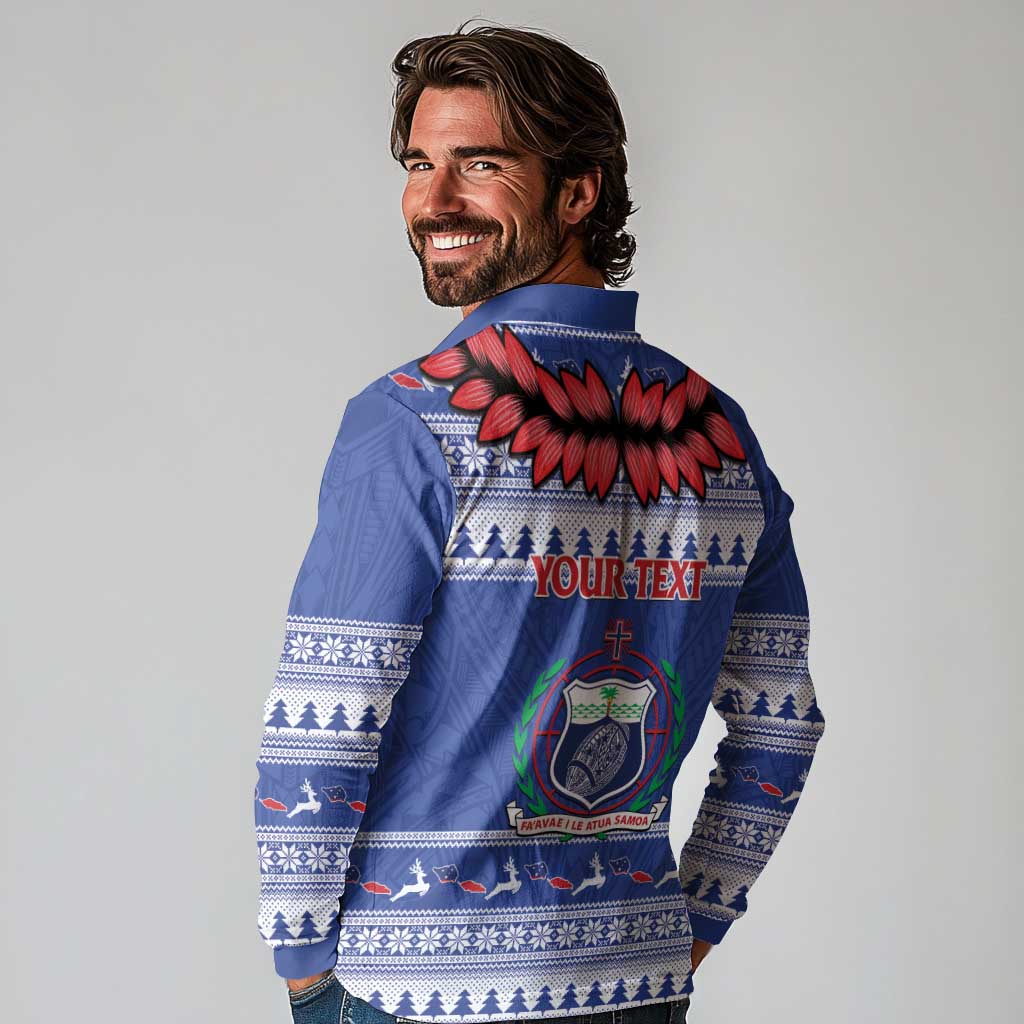 Personalised Toa Samoa Rugby Christmas Long Sleeve Polo Shirt Ula Fala Samoan Pattern Blue LT14 - Polynesian Pride