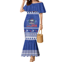 Personalised Toa Samoa Rugby Christmas Mermaid Dress Ula Fala Samoan Pattern Blue LT14 Women Blue - Polynesian Pride