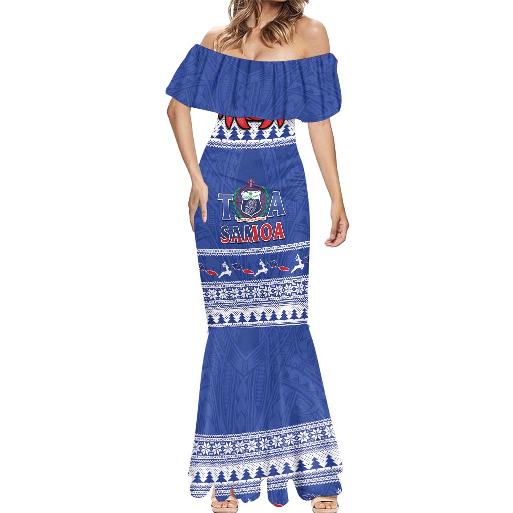 Personalised Toa Samoa Rugby Christmas Mermaid Dress Ula Fala Samoan Pattern Blue LT14 - Polynesian Pride