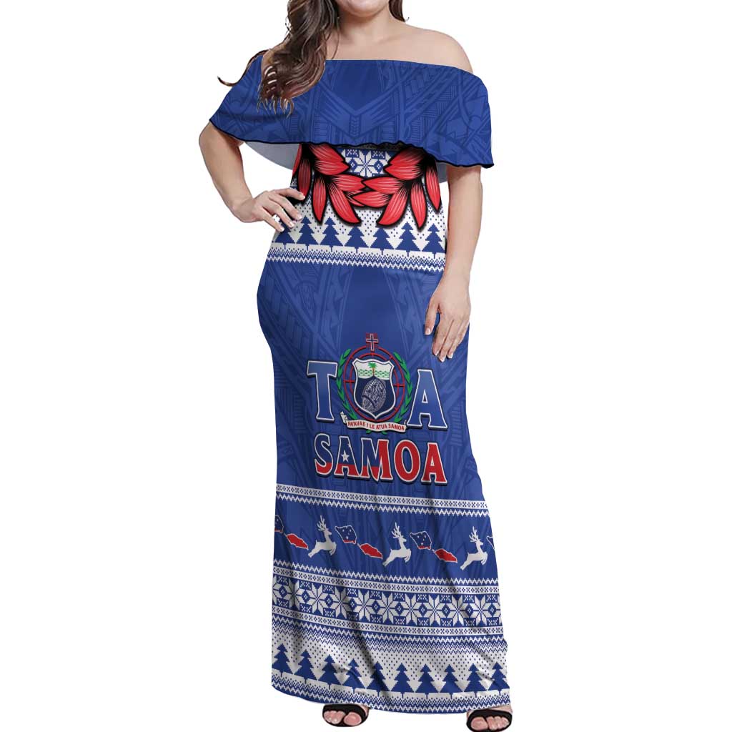 Personalised Toa Samoa Rugby Christmas Off Shoulder Maxi Dress Ula Fala Samoan Pattern Blue LT14 Women Blue - Polynesian Pride