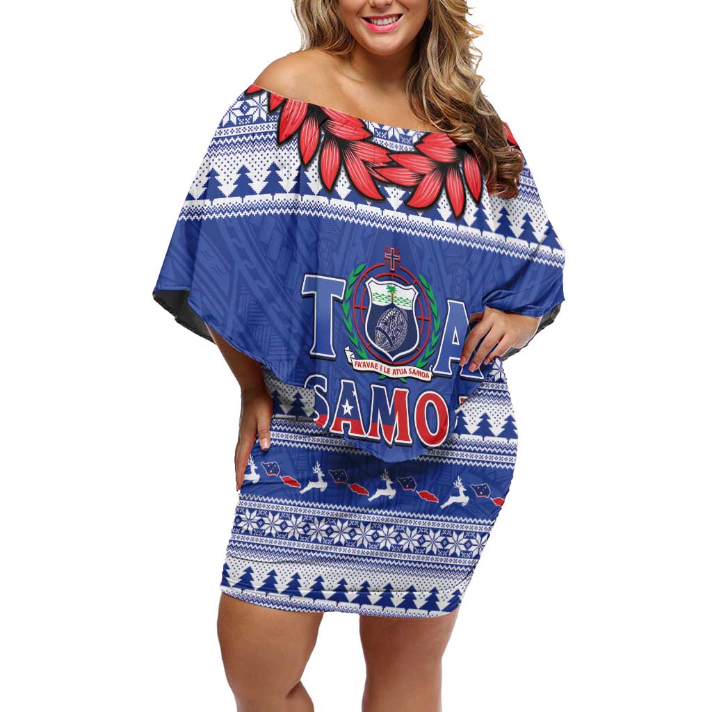 Personalised Toa Samoa Rugby Christmas Off Shoulder Short Dress Ula Fala Samoan Pattern Blue LT14 Women Blue - Polynesian Pride