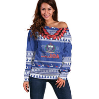 Personalised Toa Samoa Rugby Christmas Off Shoulder Sweater Ula Fala Samoan Pattern Blue LT14 Women Blue - Polynesian Pride