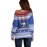Personalised Toa Samoa Rugby Christmas Off Shoulder Sweater Ula Fala Samoan Pattern Blue LT14 - Polynesian Pride