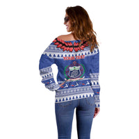 Personalised Toa Samoa Rugby Christmas Off Shoulder Sweater Ula Fala Samoan Pattern Blue LT14 - Polynesian Pride