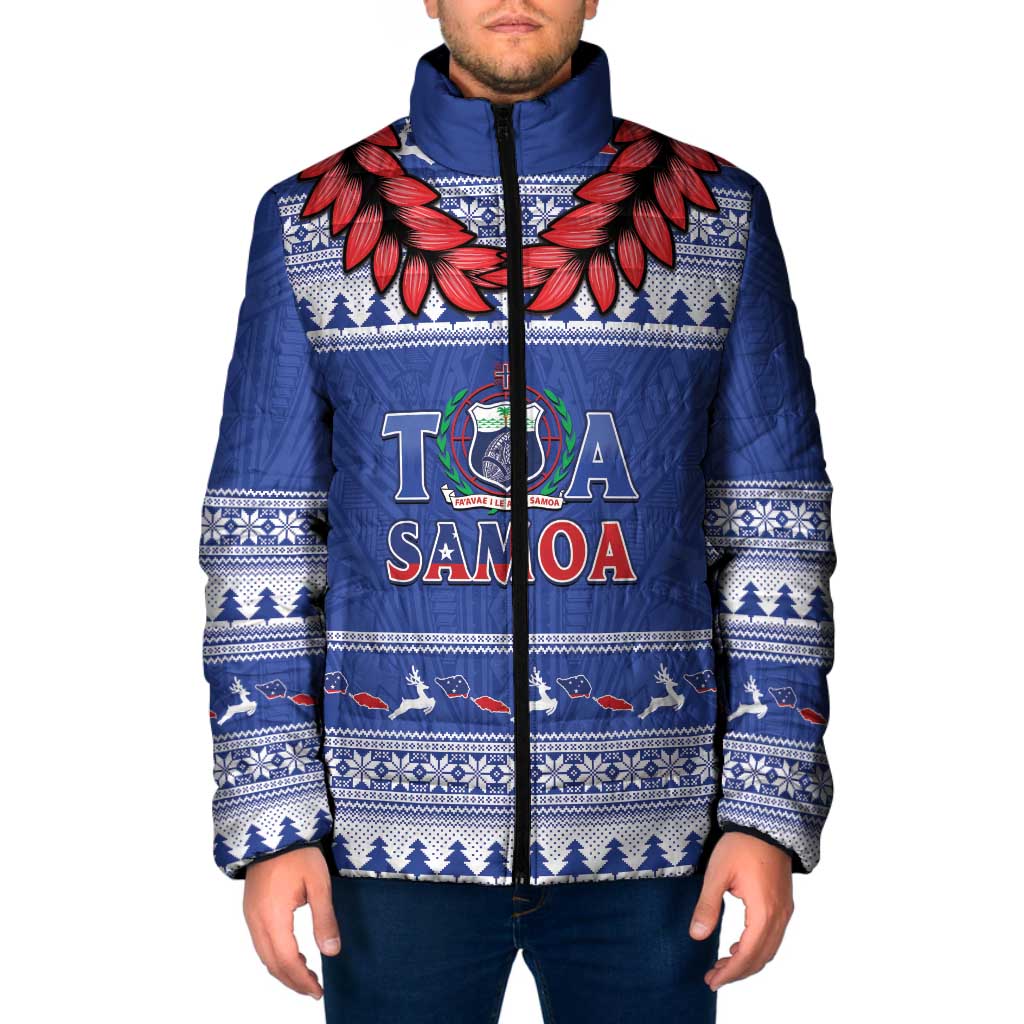 Personalised Toa Samoa Rugby Christmas Padded Jacket Ula Fala Samoan Pattern Blue LT14 Men Blue - Polynesian Pride