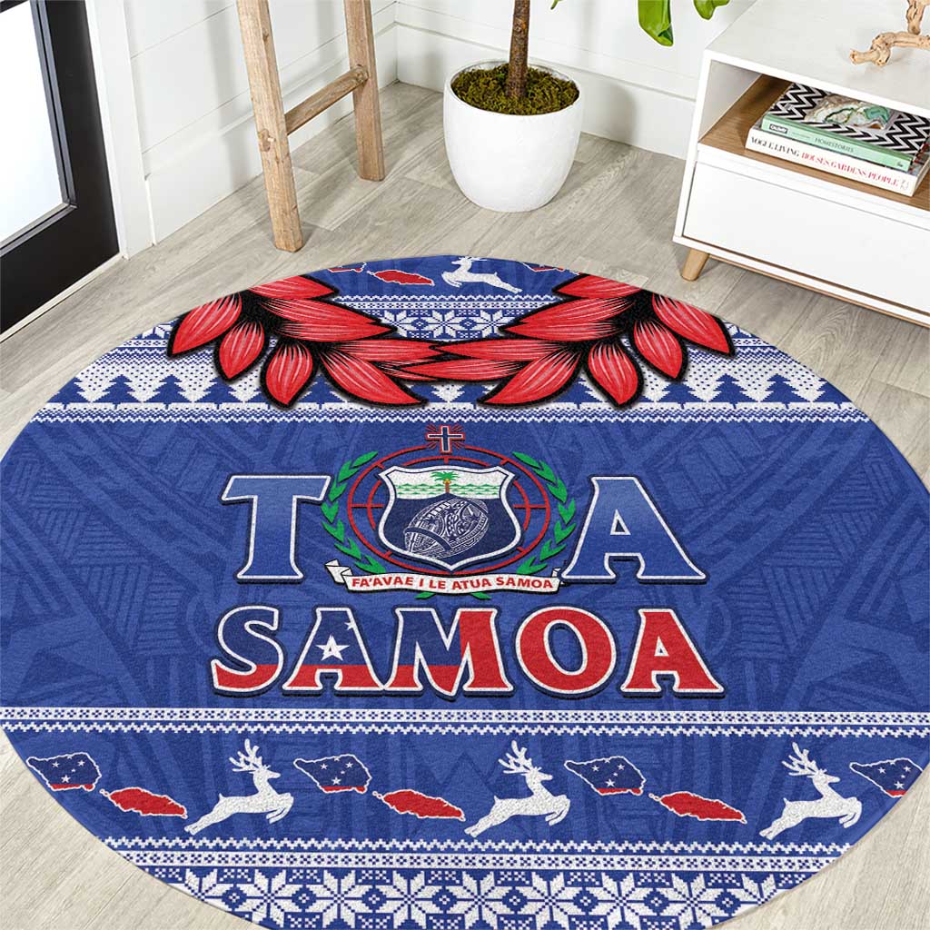 Toa Samoa Rugby Christmas Round Carpet Ula Fala Samoan Pattern Blue LT14 Blue - Polynesian Pride