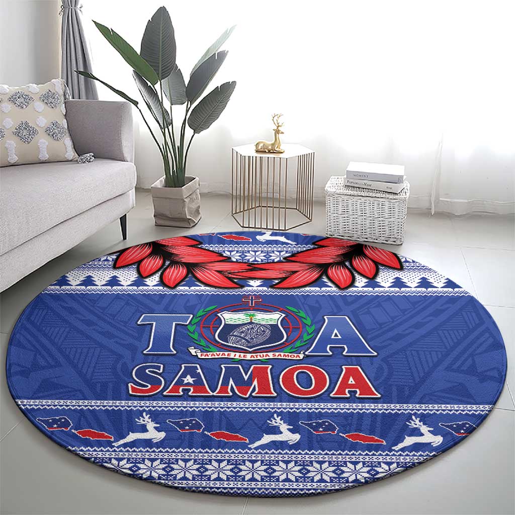 Toa Samoa Rugby Christmas Round Carpet Ula Fala Samoan Pattern Blue LT14 - Polynesian Pride