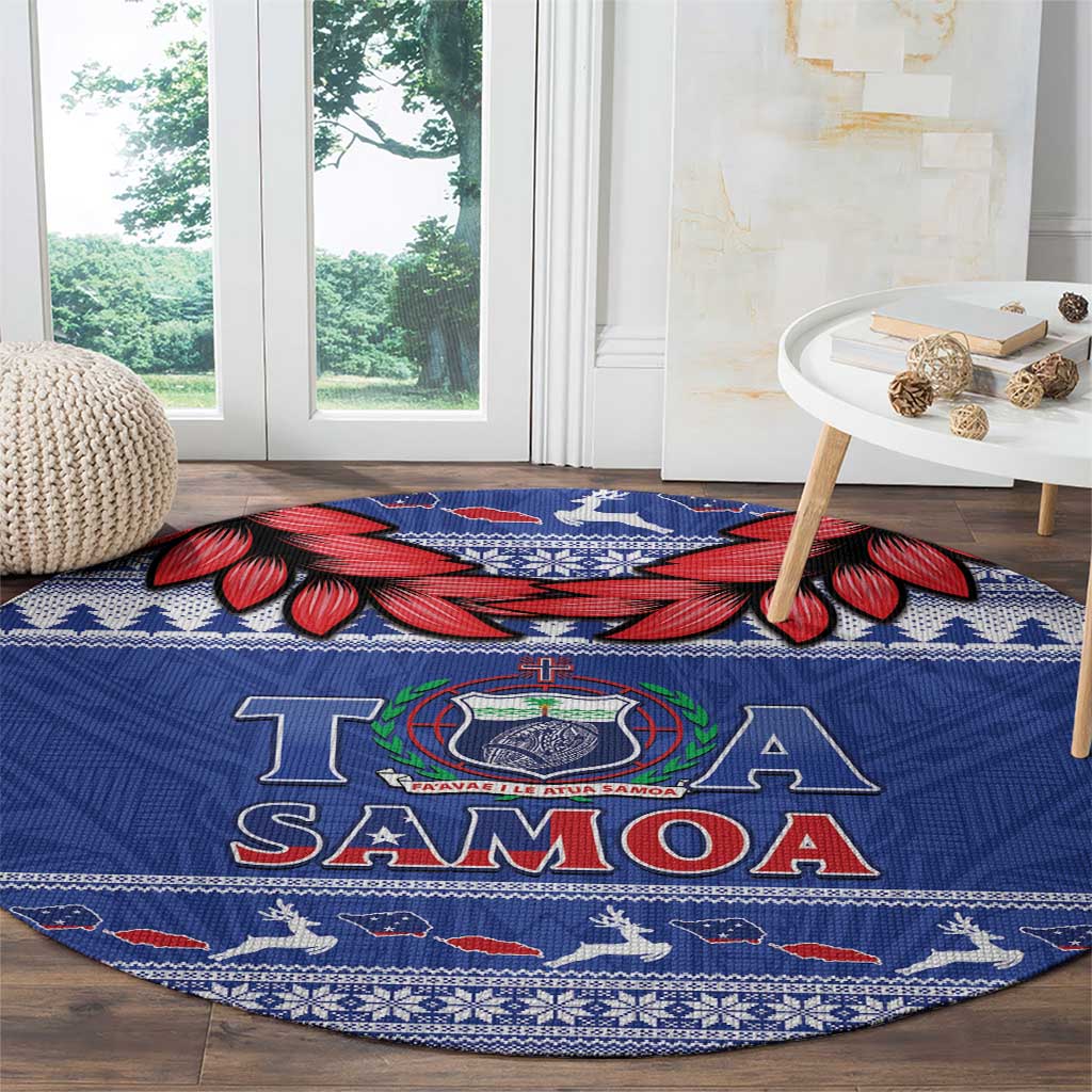 Toa Samoa Rugby Christmas Round Carpet Ula Fala Samoan Pattern Blue LT14 - Polynesian Pride