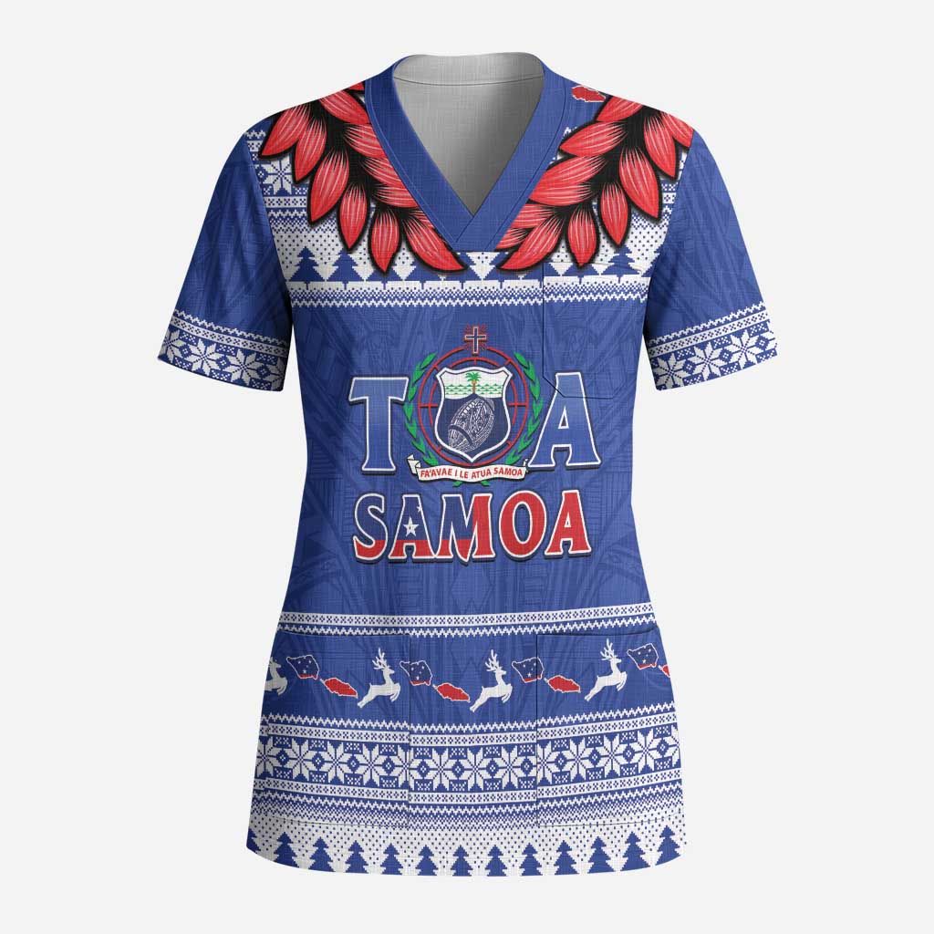 Personalised Toa Samoa Rugby Christmas Scrub Top Ula Fala Samoan Pattern Blue LT14 Adult Blue - Polynesian Pride