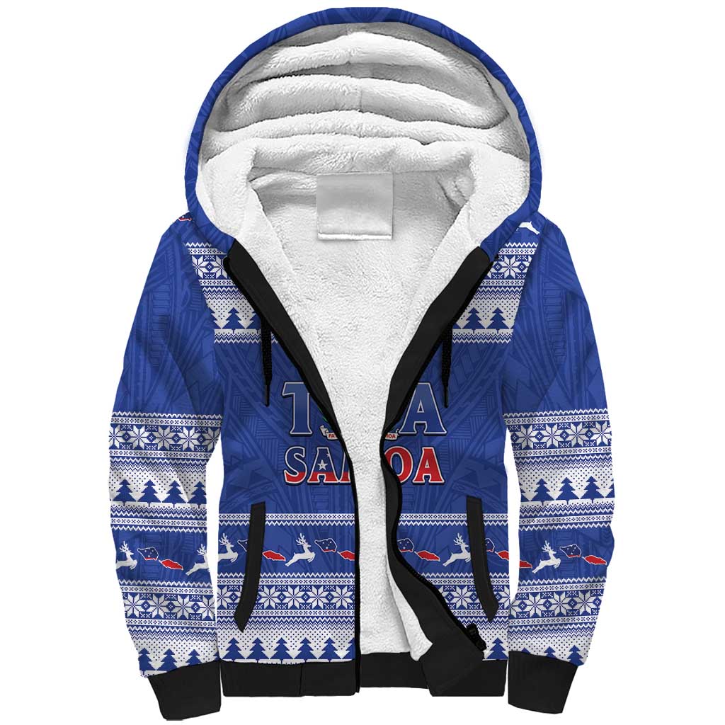 Personalised Toa Samoa Rugby Christmas Sherpa Hoodie Ula Fala Samoan Pattern Blue LT14 Unisex Blue - Polynesian Pride