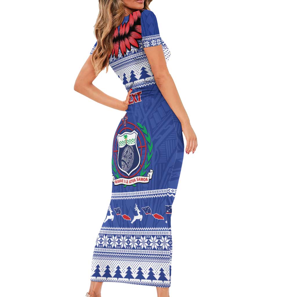 Personalised Toa Samoa Rugby Christmas Short Sleeve Bodycon Dress Ula Fala Samoan Pattern Blue LT14 - Polynesian Pride