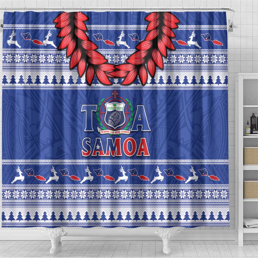Toa Samoa Rugby Christmas Shower Curtain Ula Fala Samoan Pattern Blue LT14 - Polynesian Pride