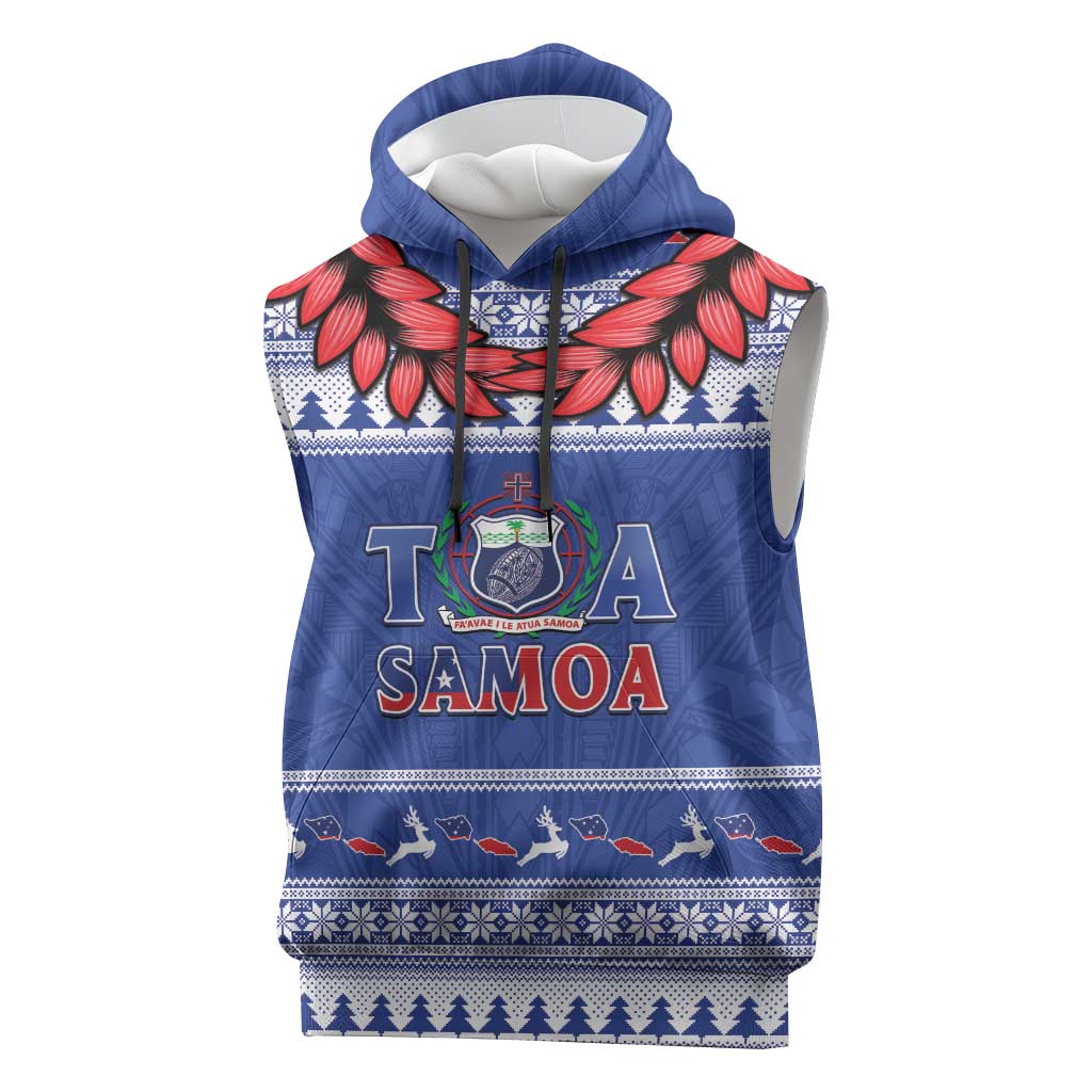 Personalised Toa Samoa Rugby Christmas Sleeveless Hoodie Ula Fala Samoan Pattern Blue LT14 Blue - Polynesian Pride