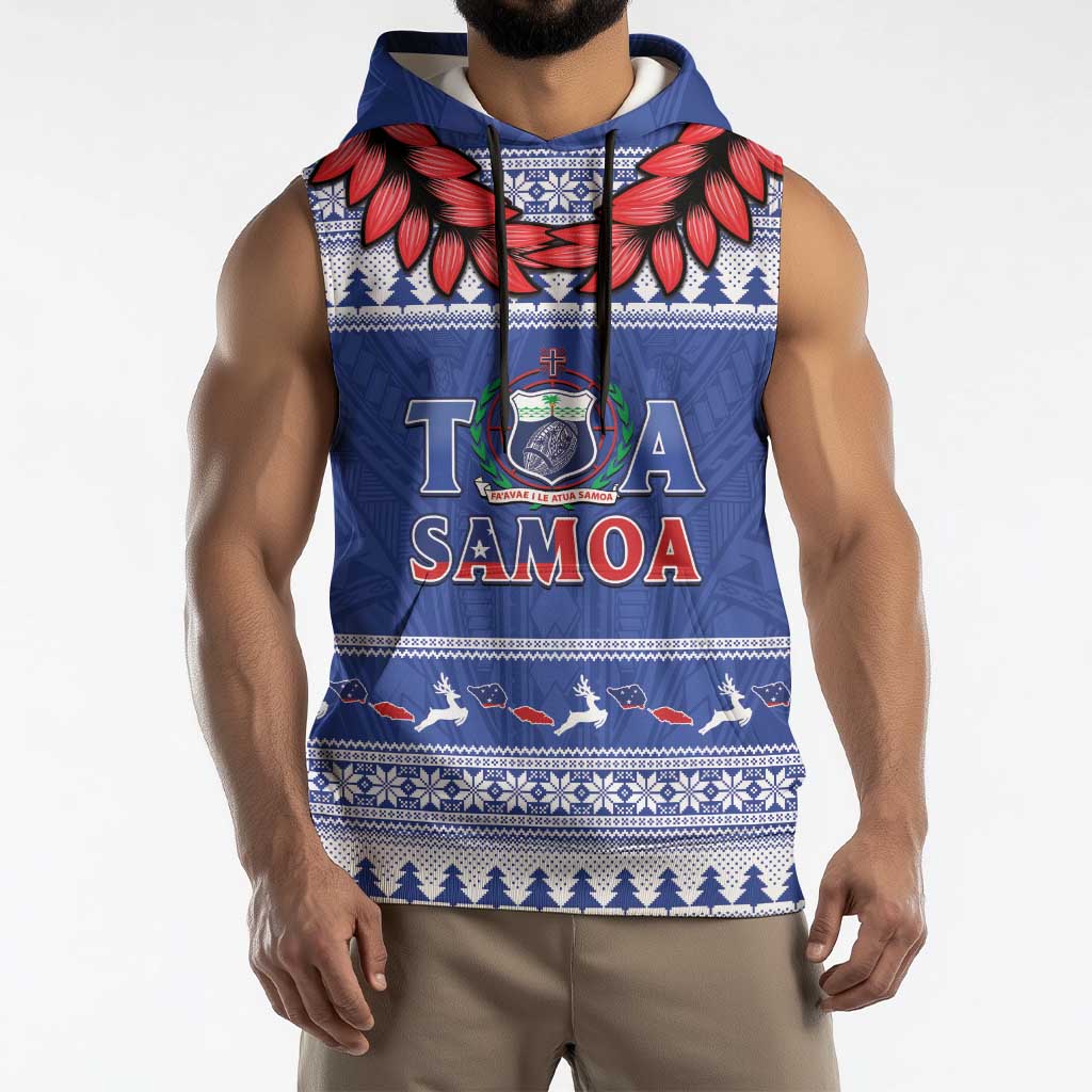 Personalised Toa Samoa Rugby Christmas Sleeveless Hoodie Ula Fala Samoan Pattern Blue LT14 - Polynesian Pride