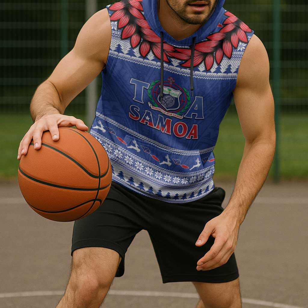 Personalised Toa Samoa Rugby Christmas Sleeveless Hoodie Ula Fala Samoan Pattern Blue LT14 - Polynesian Pride