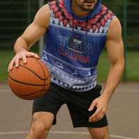 Personalised Toa Samoa Rugby Christmas Sleeveless Hoodie Ula Fala Samoan Pattern Blue LT14 - Polynesian Pride