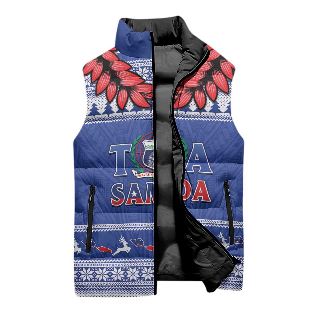 Personalised Toa Samoa Rugby Christmas Sleeveless Puffer Jacket Ula Fala Samoan Pattern Blue LT14 - Polynesian Pride