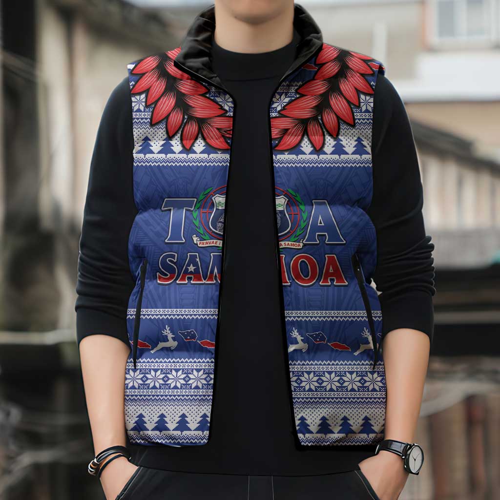 Personalised Toa Samoa Rugby Christmas Sleeveless Puffer Jacket Ula Fala Samoan Pattern Blue LT14 - Polynesian Pride
