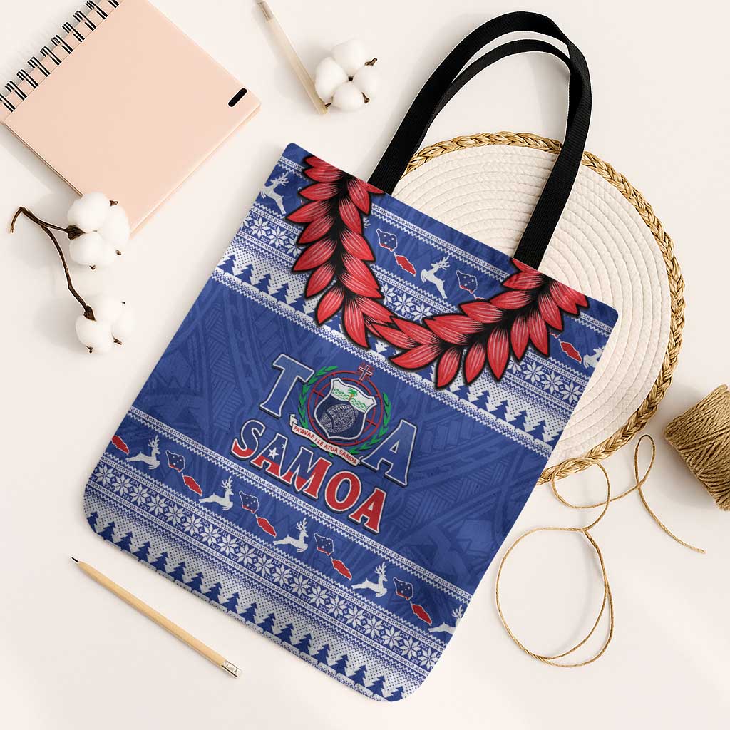 Toa Samoa Rugby Christmas Tote Bag Ula Fala Samoan Pattern Blue LT14 Black Strap One Size Blue - Polynesian Pride