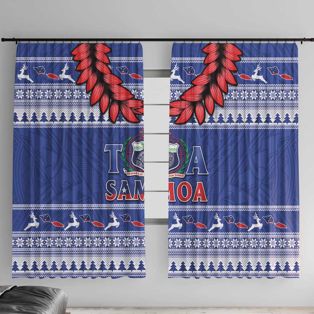 Toa Samoa Rugby Christmas Window Curtain Ula Fala Samoan Pattern Blue LT14 With Hooks Blue - Polynesian Pride